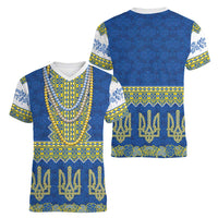 Ukraine Vyshyvanka Motif Women V-Neck T-Shirt Ukrainian Coat Of Arms Rose Patterns - Wonder Print Shop