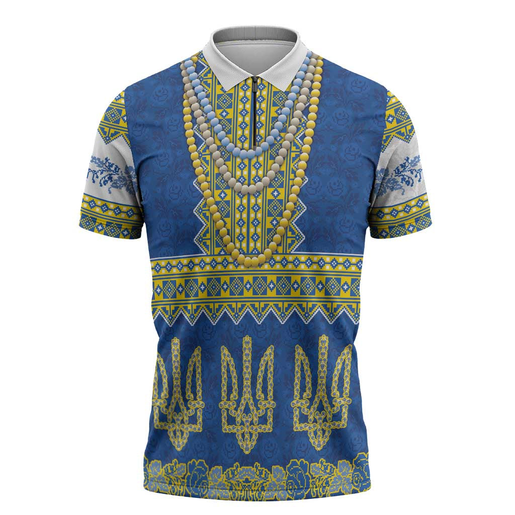 Ukraine Vyshyvanka Motif Zipper Polo Shirt Ukrainian Coat Of Arms Rose Patterns - Wonder Print Shop