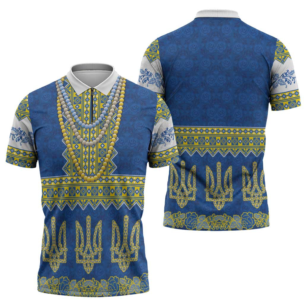 Ukraine Vyshyvanka Motif Zipper Polo Shirt Ukrainian Coat Of Arms Rose Patterns - Wonder Print Shop