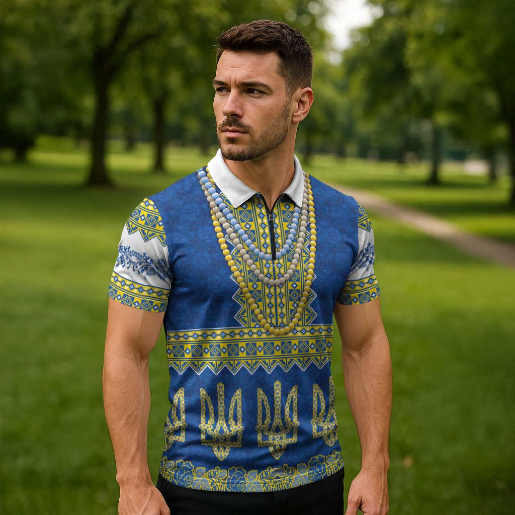 Ukraine Vyshyvanka Motif Zipper Polo Shirt Ukrainian Coat Of Arms Rose Patterns - Wonder Print Shop