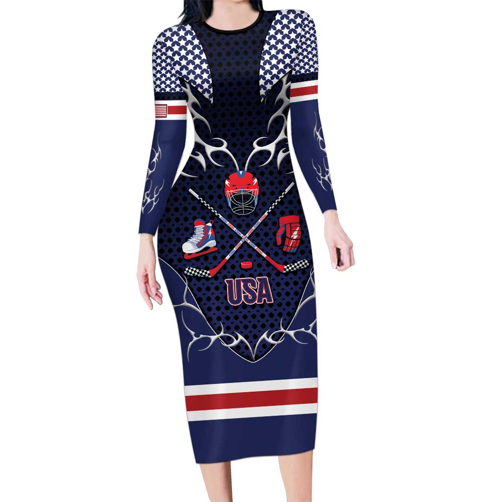 Custom USA Ice Hockey Long Sleeve Bodycon Dress United Ice Power