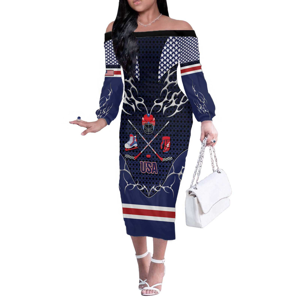 Custom USA Ice Hockey Off The Shoulder Long Sleeve Dress United Ice Power