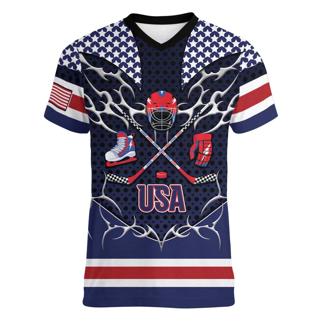 Custom USA Ice Hockey Women V-Neck T-Shirt United Ice Power