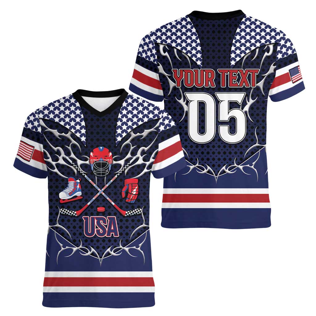 Custom USA Ice Hockey Women V-Neck T-Shirt United Ice Power