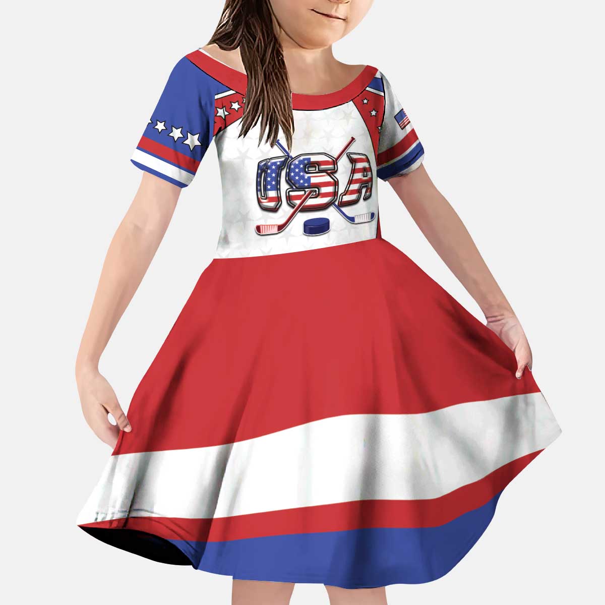 Custom USA Ice Hockey Kid Short Sleeve Dress Stars And Stripes