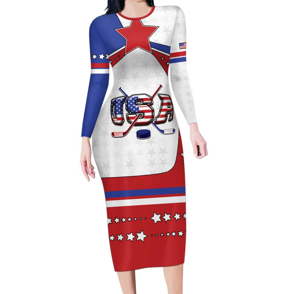 Custom USA Ice Hockey Long Sleeve Bodycon Dress Stars And Stripes