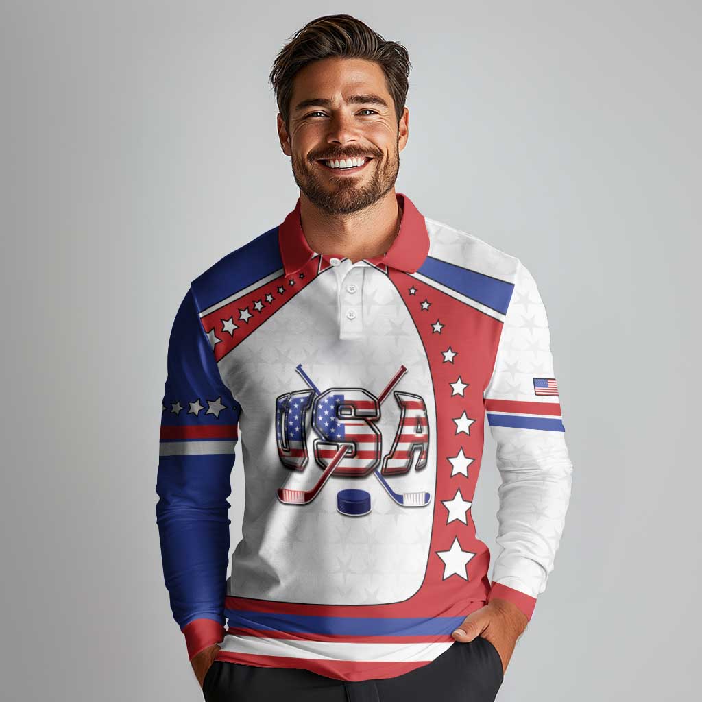 Custom USA Ice Hockey Long Sleeve Polo Shirt Stars And Stripes