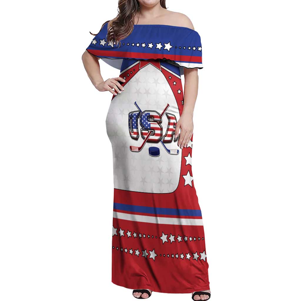 Custom USA Ice Hockey Off Shoulder Maxi Dress Stars And Stripes