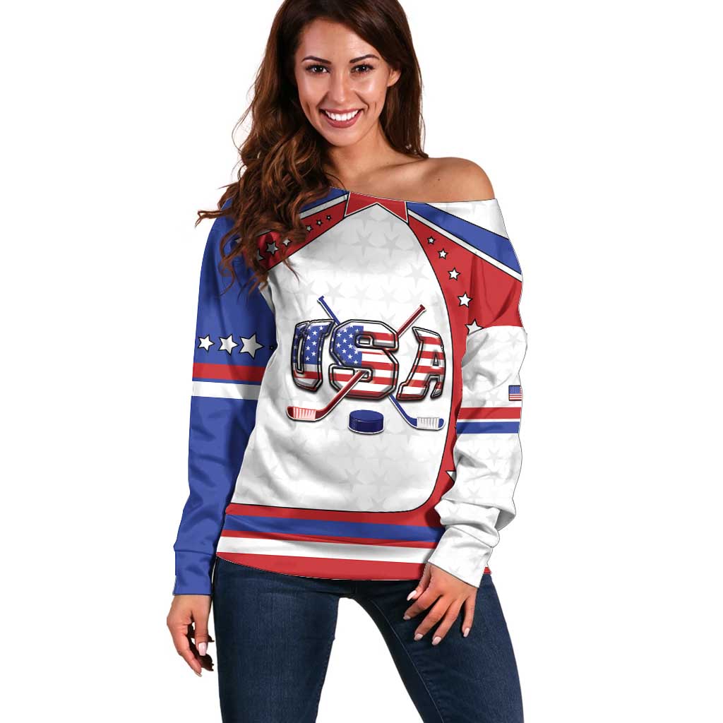 Custom USA Ice Hockey Off Shoulder Sweater Stars And Stripes