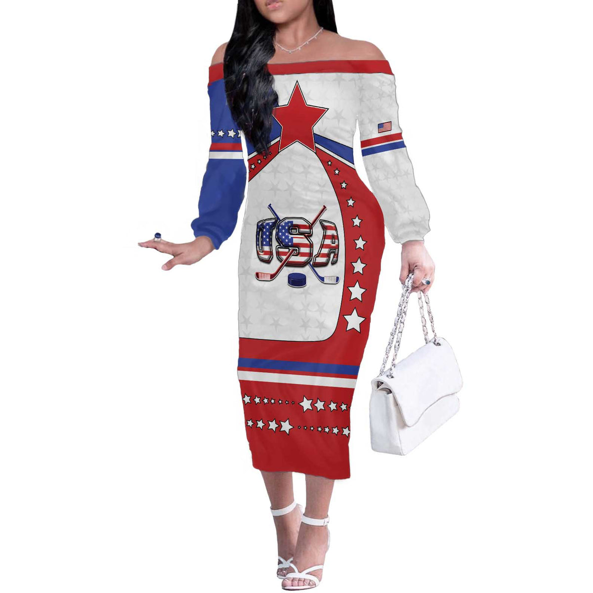 Custom USA Ice Hockey Off The Shoulder Long Sleeve Dress Stars And Stripes