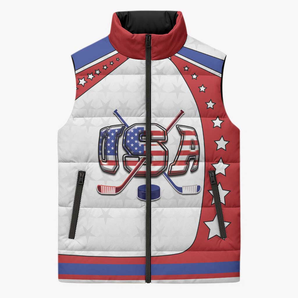 Custom USA Ice Hockey Sleeveless Puffer Jacket Stars And Stripes