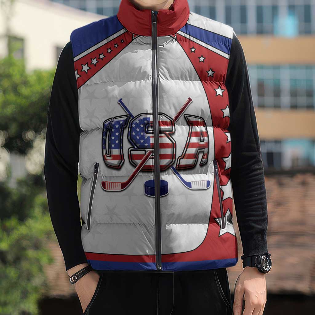 Custom USA Ice Hockey Sleeveless Puffer Jacket Stars And Stripes