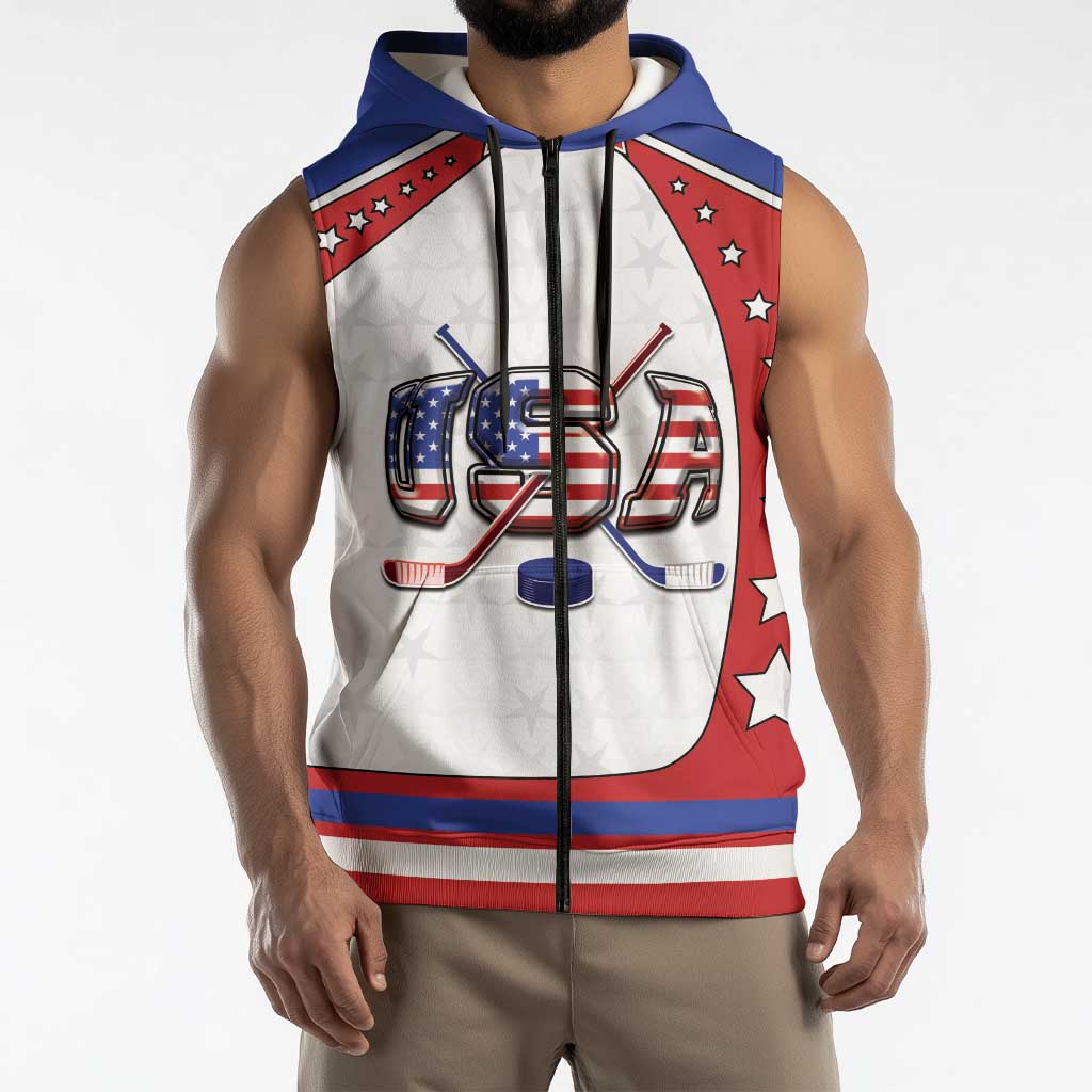 Custom USA Ice Hockey Sleeveless Zip Hoodie Stars And Stripes