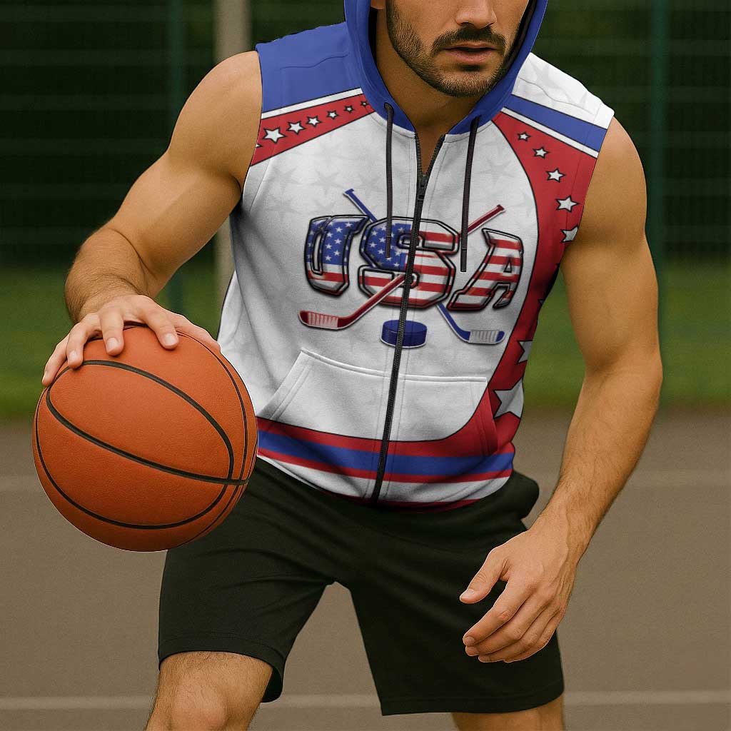 Custom USA Ice Hockey Sleeveless Zip Hoodie Stars And Stripes
