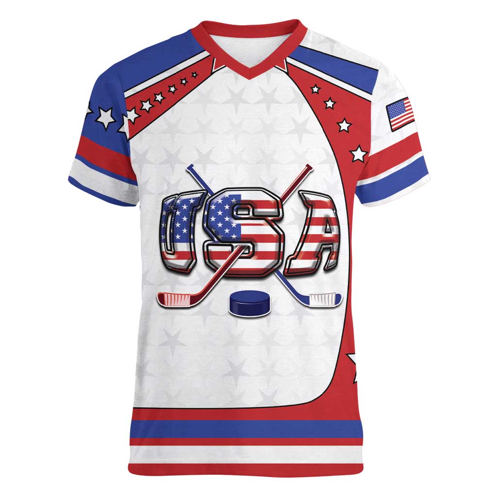 Custom USA Ice Hockey Women V-Neck T-Shirt Stars And Stripes