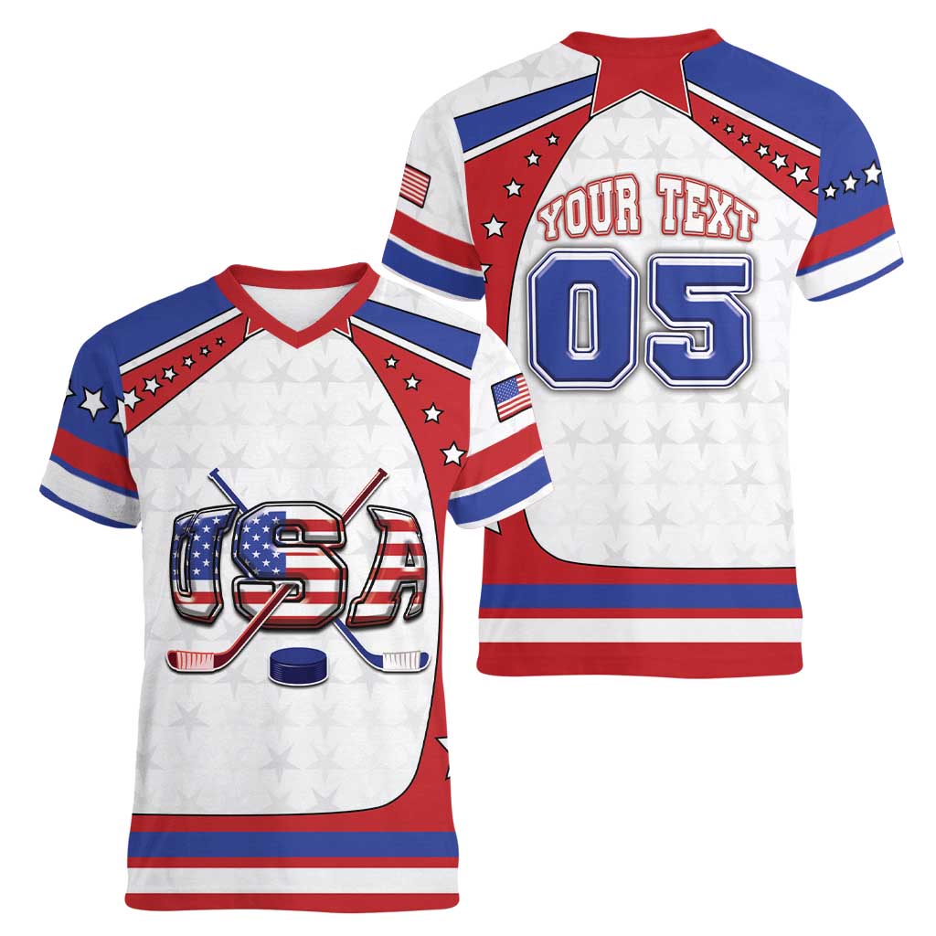 Custom USA Ice Hockey Women V-Neck T-Shirt Stars And Stripes