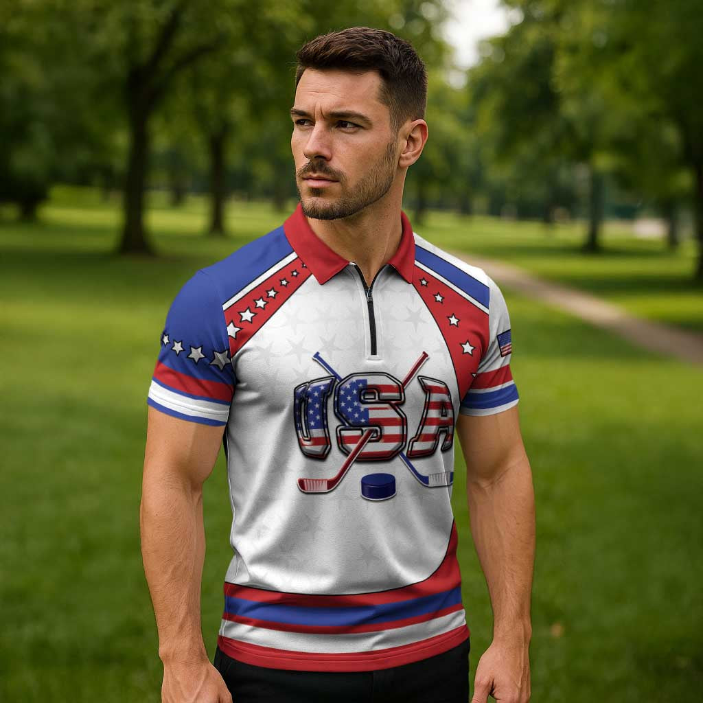 Custom USA Ice Hockey Zipper Polo Shirt Stars And Stripes