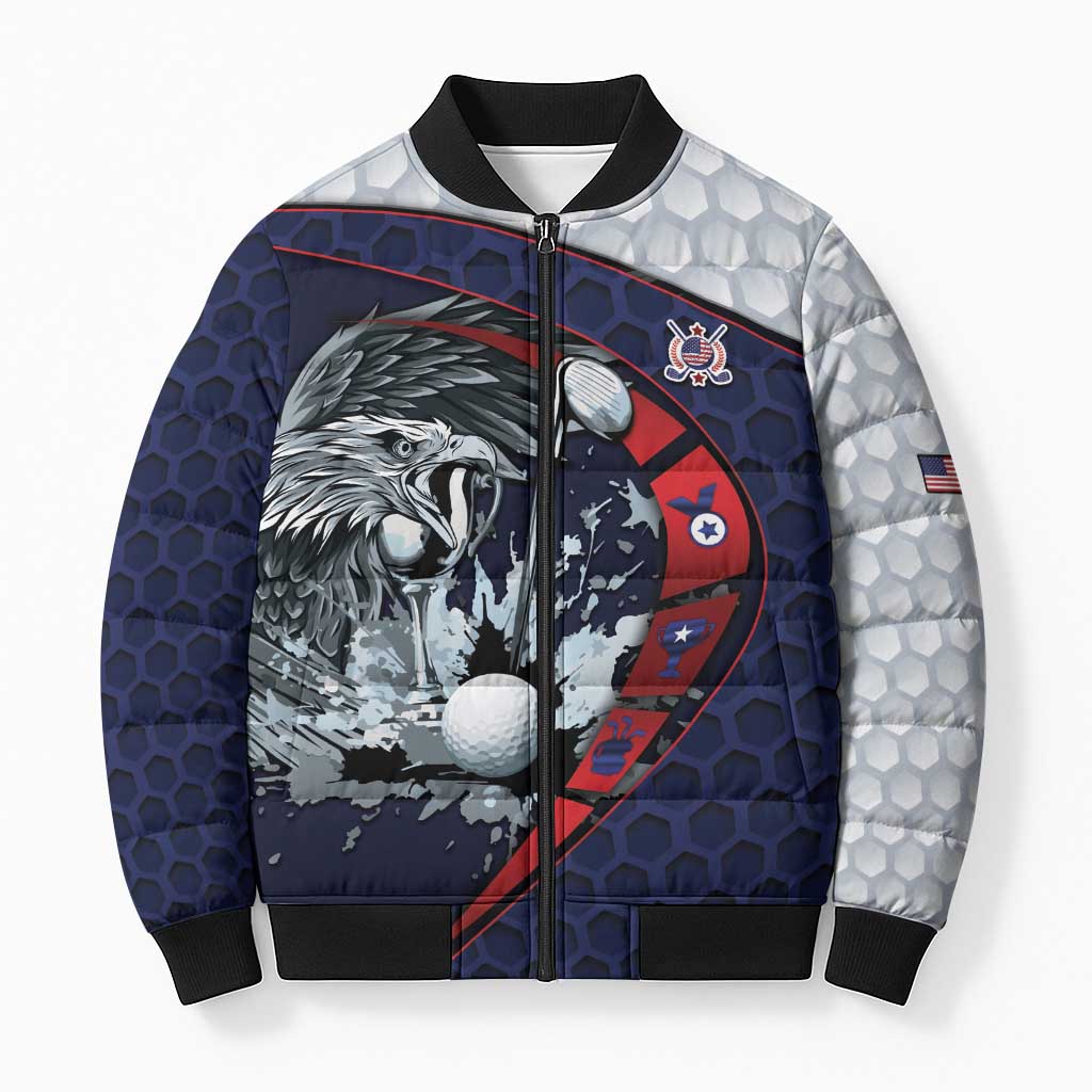 Personalized USA Golf Bomber Puffer Jacket Powerful Eagle