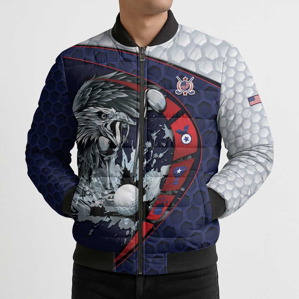 Personalized USA Golf Bomber Puffer Jacket Powerful Eagle