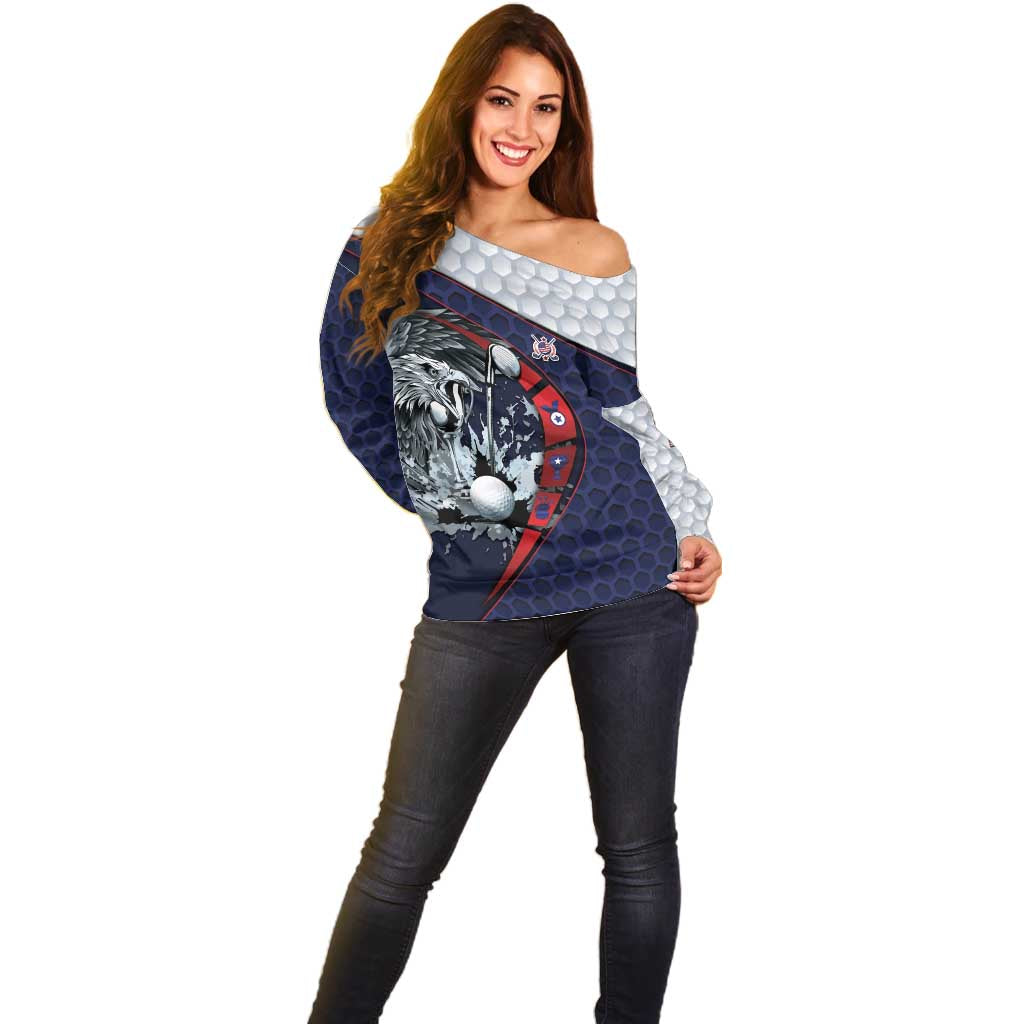 Personalized USA Golf Off Shoulder Sweater Powerful Eagle