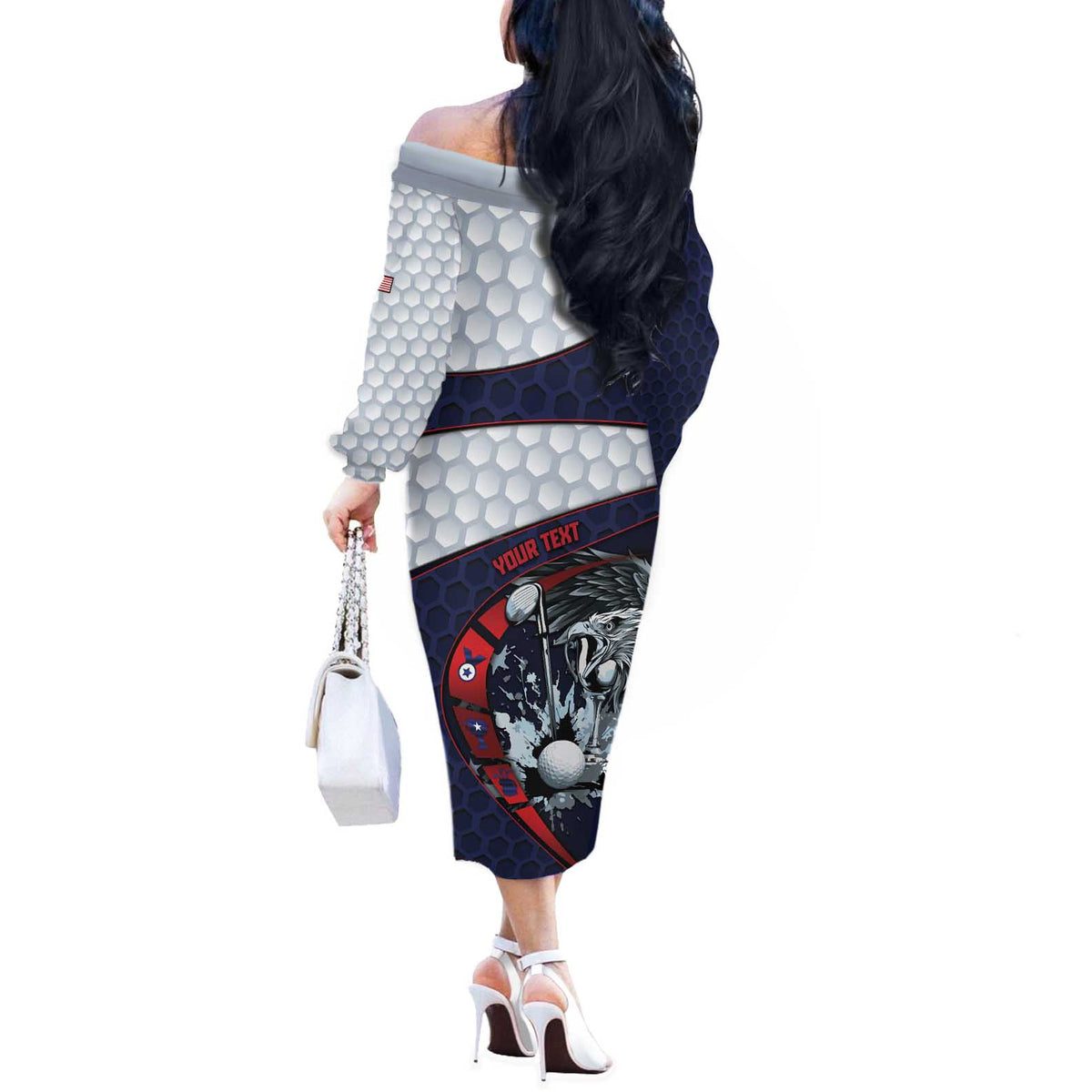 Personalized USA Golf Off The Shoulder Long Sleeve Dress Powerful Eagle