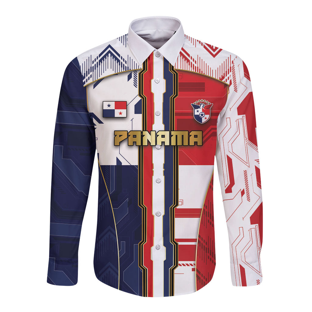 Custom Panama Football Long Sleeve Button Shirt Cybernetic Mech Warrior Flag