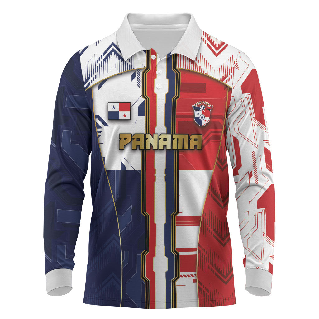 Custom Panama Football Long Sleeve Polo Shirt Cybernetic Mech Warrior Flag