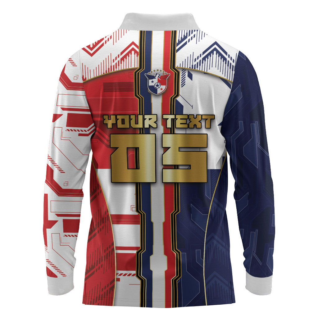 Custom Panama Football Long Sleeve Polo Shirt Cybernetic Mech Warrior Flag