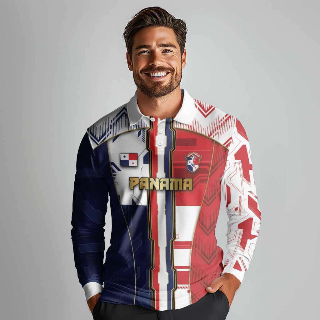 Custom Panama Football Long Sleeve Polo Shirt Cybernetic Mech Warrior Flag