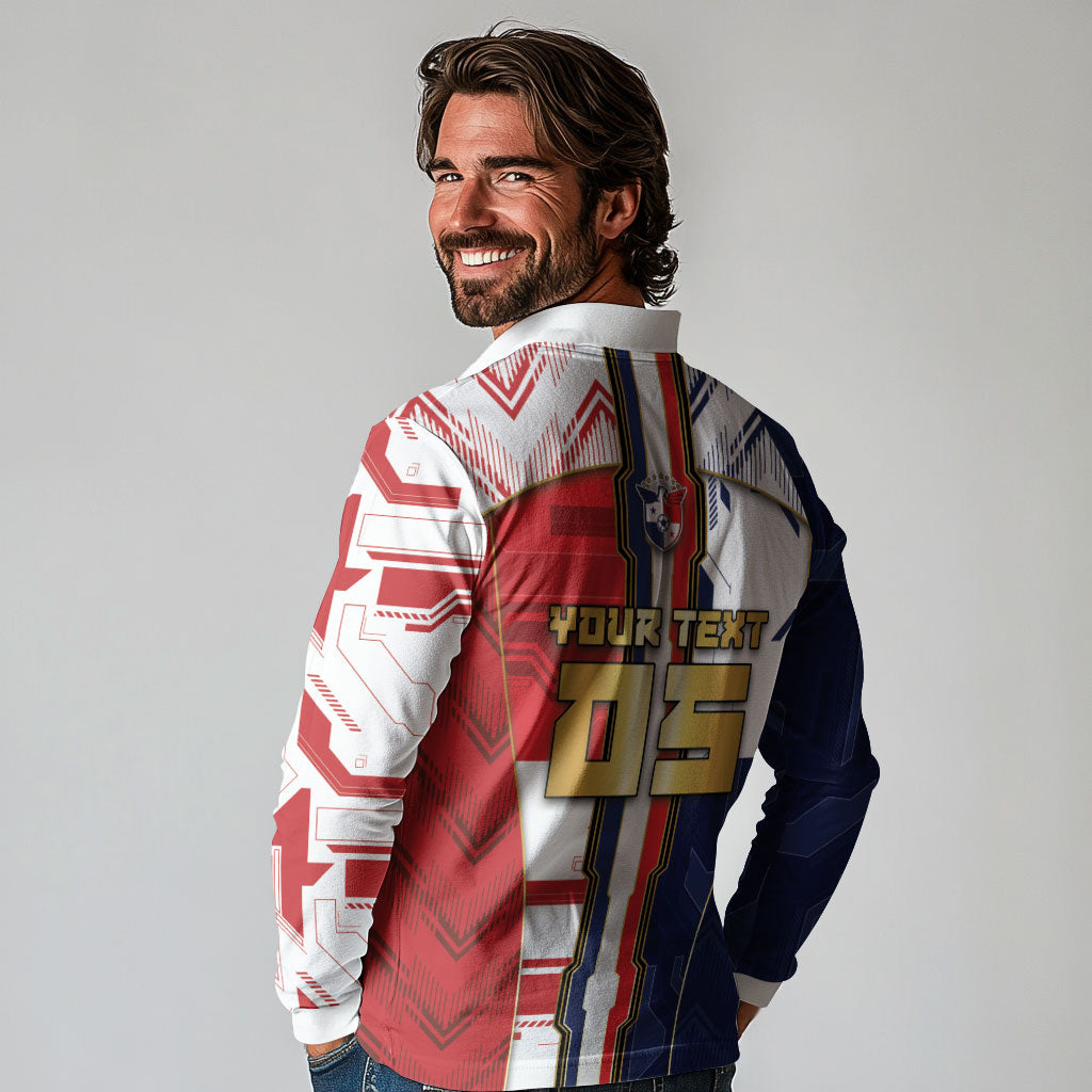 Custom Panama Football Long Sleeve Polo Shirt Cybernetic Mech Warrior Flag