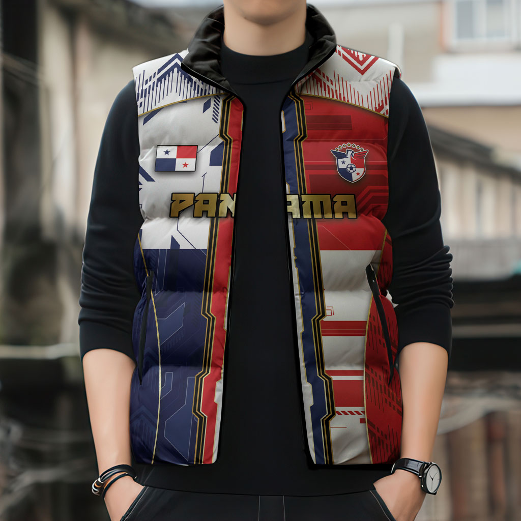 Custom Panama Football Sleeveless Puffer Jacket Cybernetic Mech Warrior Flag