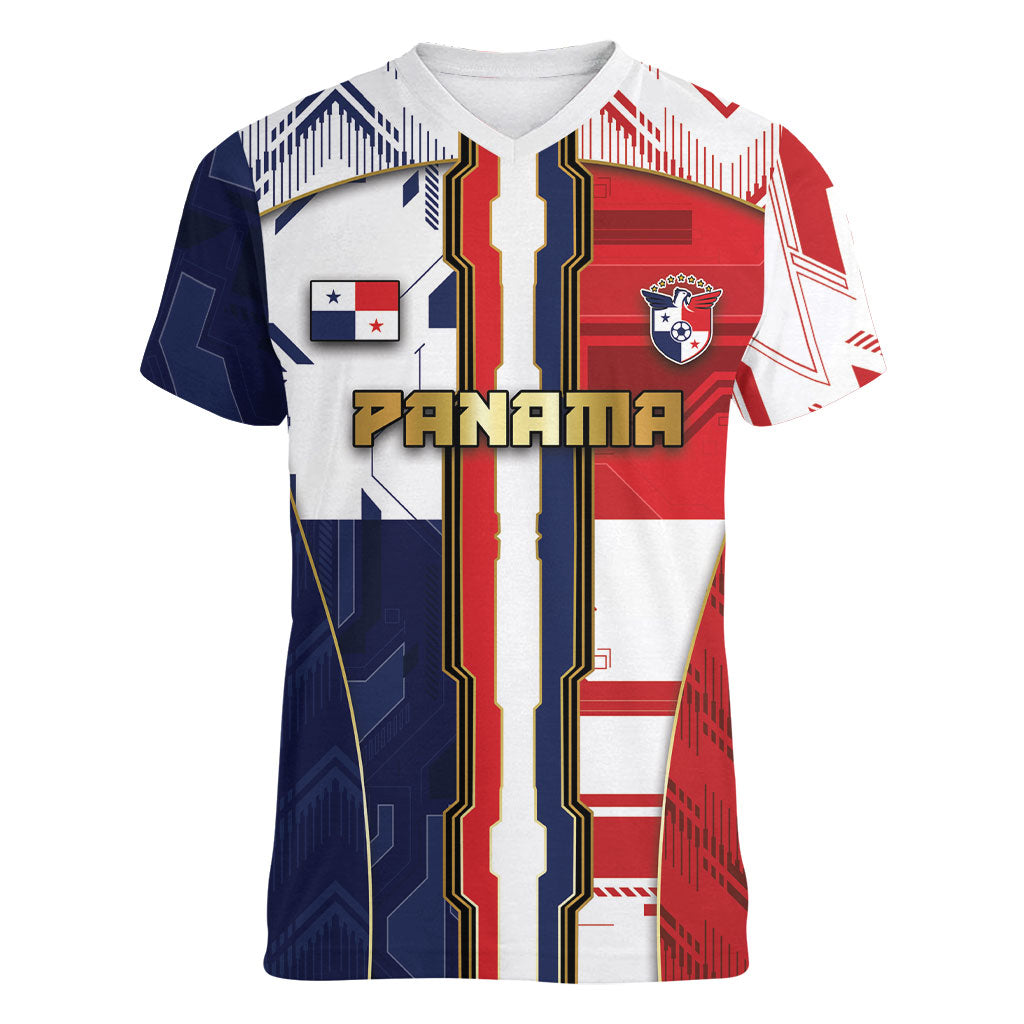 Custom Panama Football Women V-Neck T-Shirt Cybernetic Mech Warrior Flag