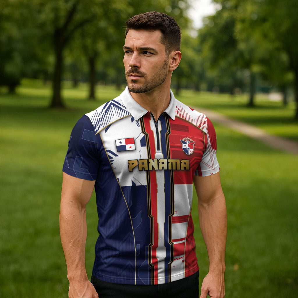 Custom Panama Football Zipper Polo Shirt Cybernetic Mech Warrior Flag