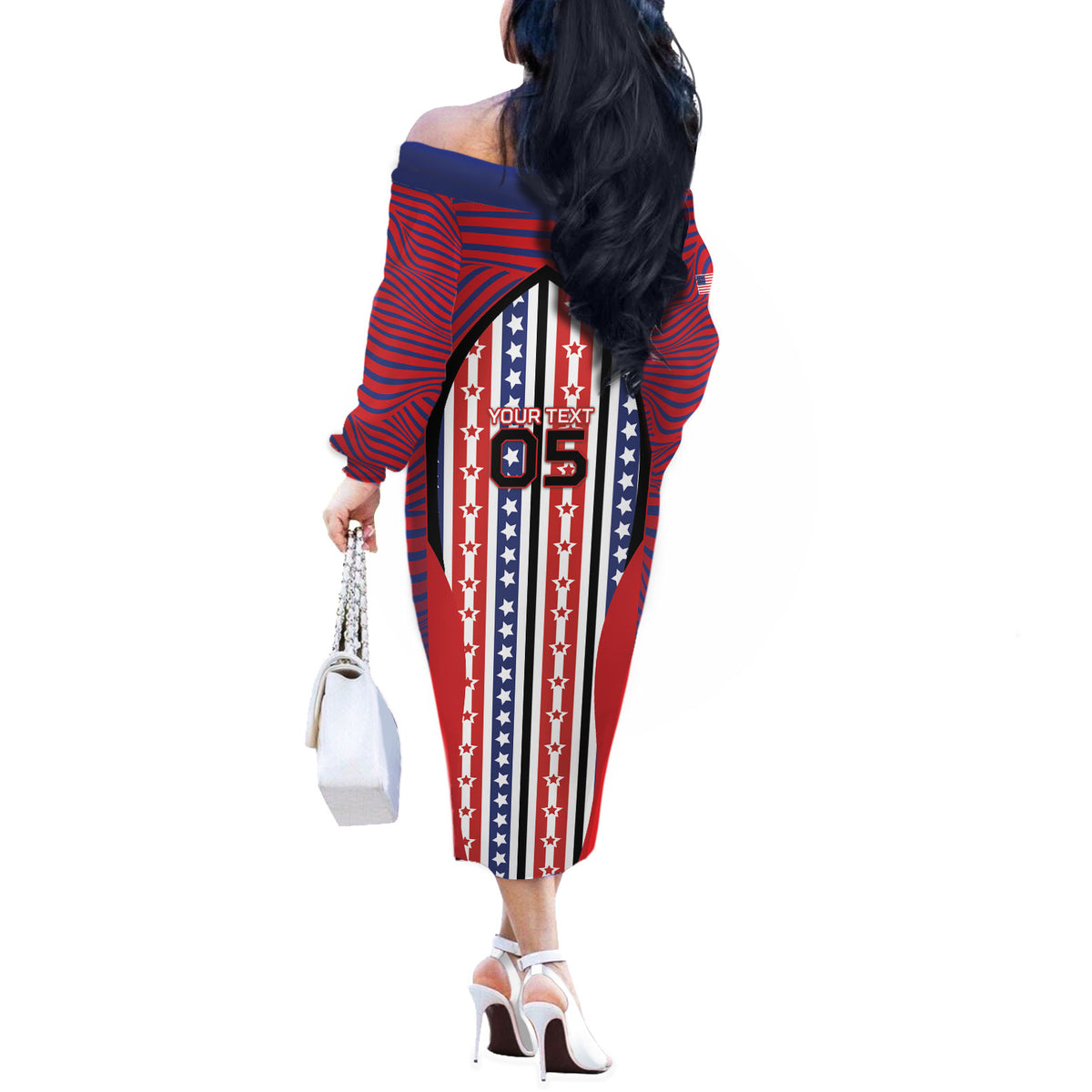 Custom United States Soccer Off The Shoulder Long Sleeve Dress American Eagle Flag Stars And Stripes