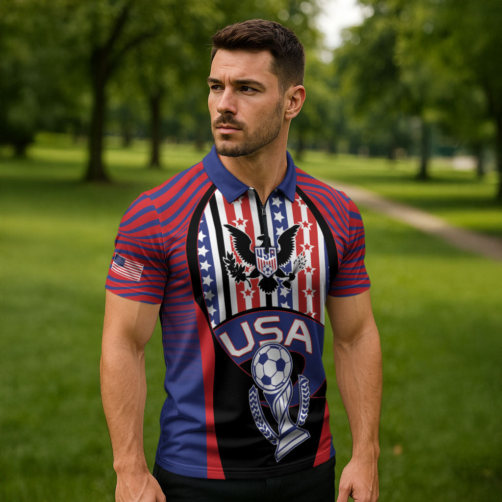 Custom United States Soccer Zipper Polo Shirt American Eagle Flag Stars And Stripes