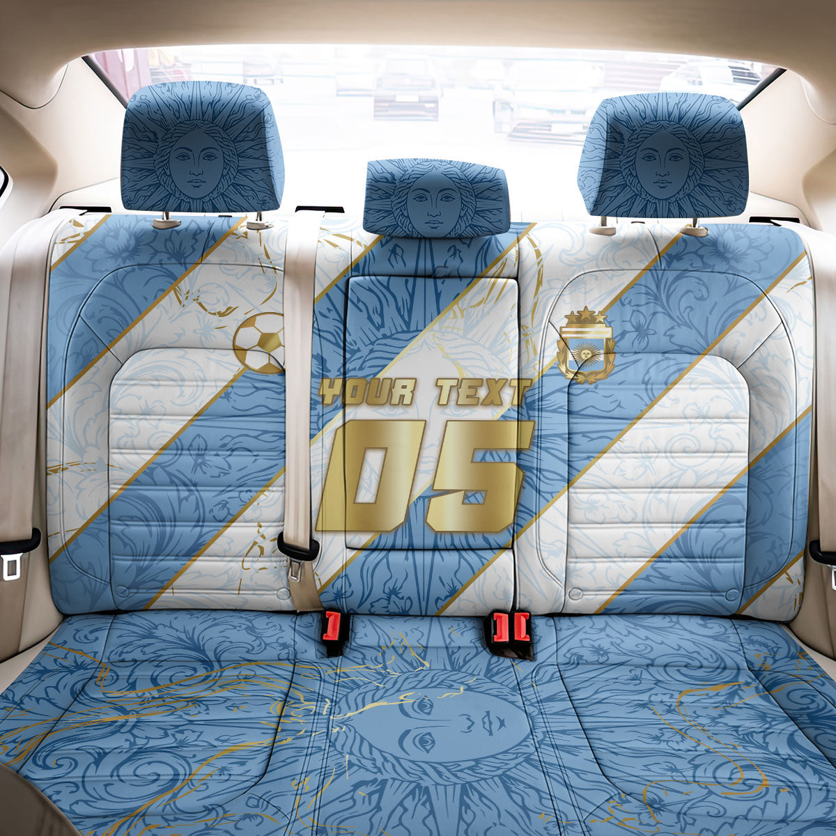 Custom Argentina Football Back Car Seat Cover Sun Of May Baroque Filigree Gold Striped Patterns