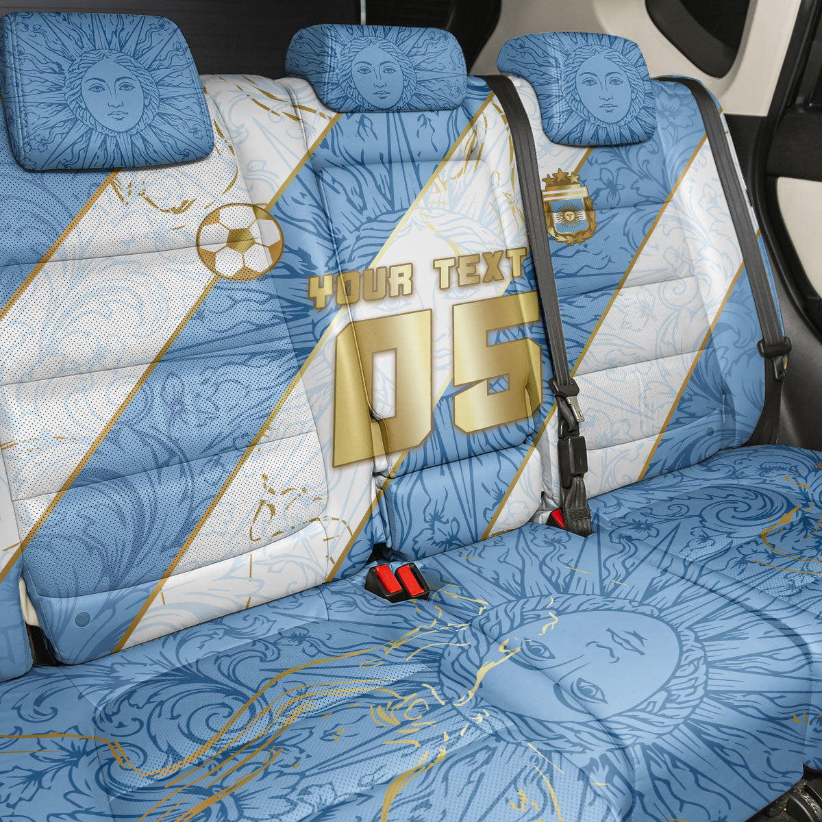 Custom Argentina Football Back Car Seat Cover Sun Of May Baroque Filigree Gold Striped Patterns