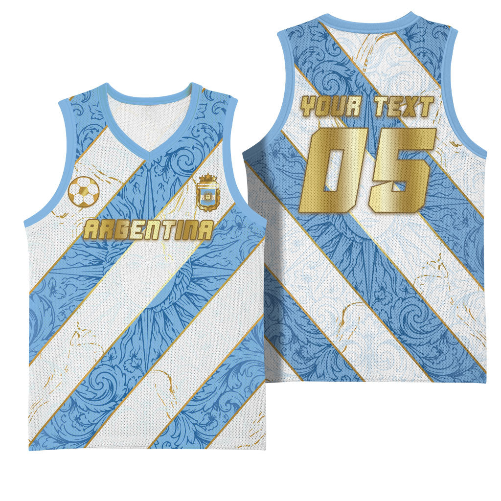 Custom Argentina Football Basketball Jersey Sun Of May Baroque Filigree Gold Striped Patterns