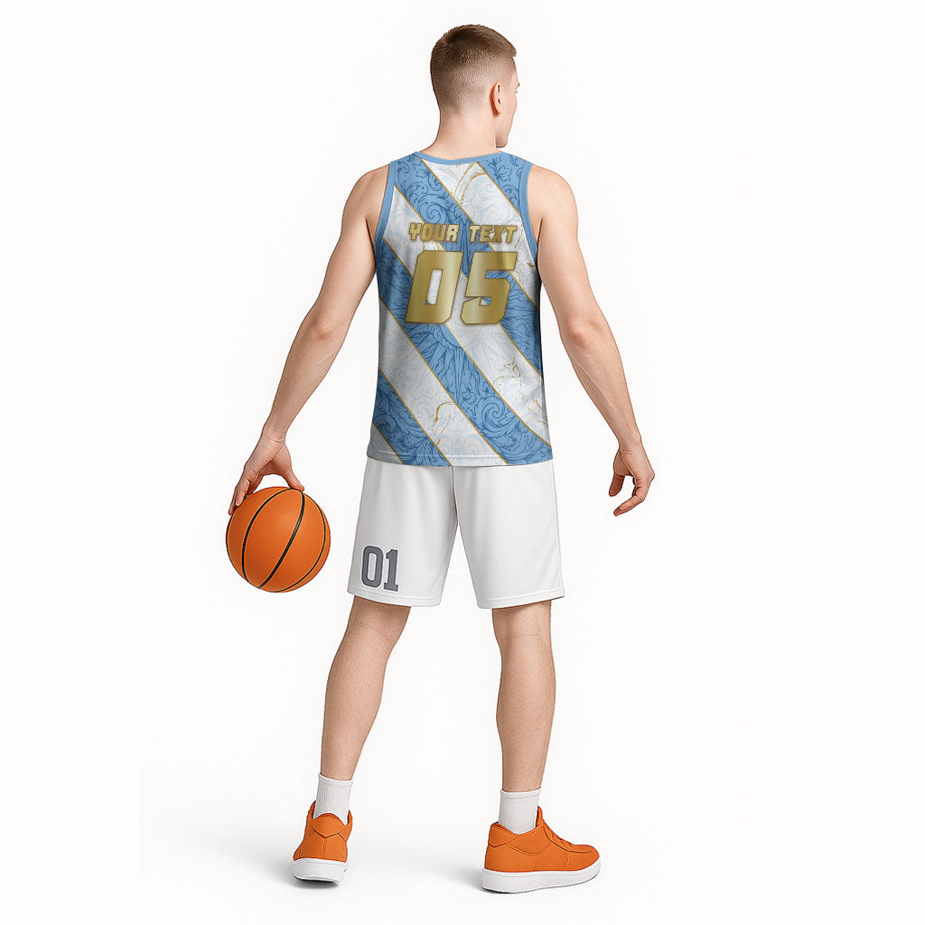 Custom Argentina Football Basketball Jersey Sun Of May Baroque Filigree Gold Striped Patterns