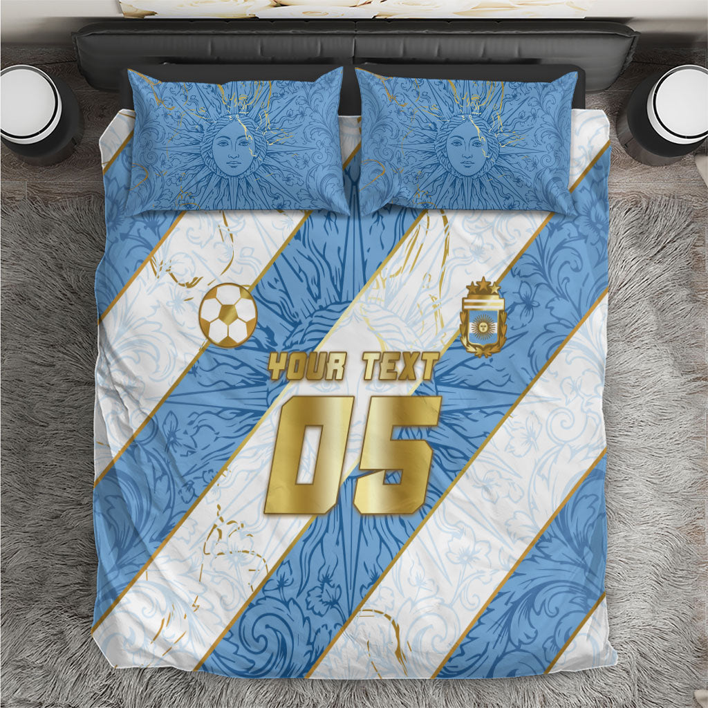 Custom Argentina Football Bedding Set Sun Of May Baroque Filigree Gold Striped Patterns