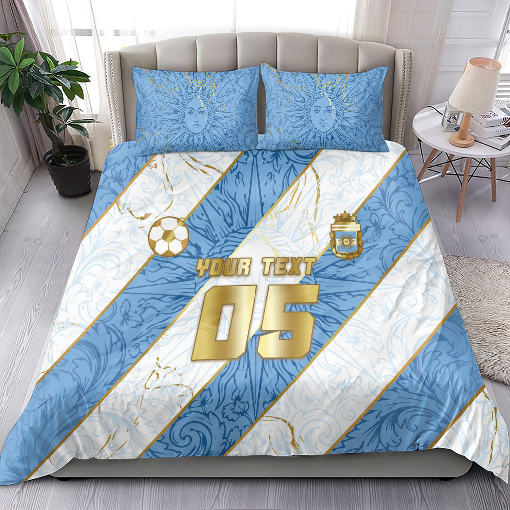 Custom Argentina Football Bedding Set Sun Of May Baroque Filigree Gold Striped Patterns