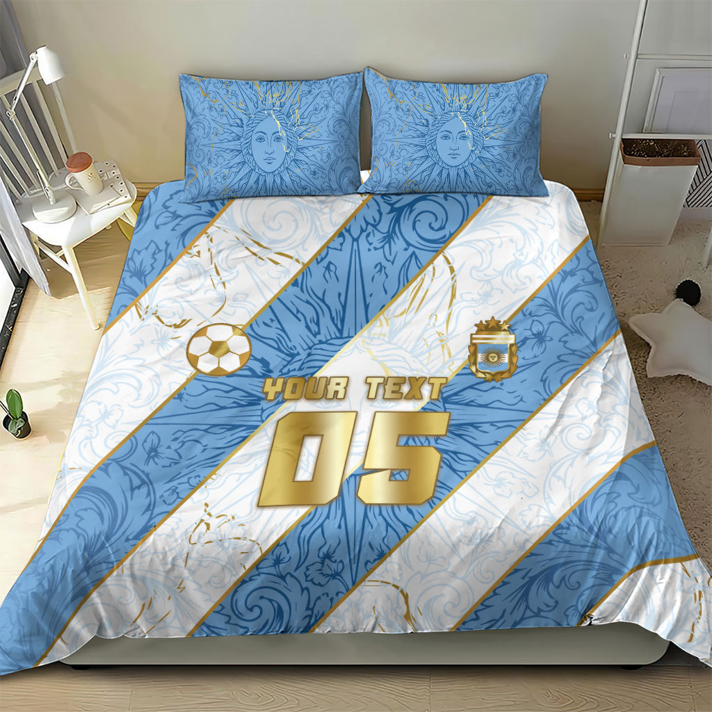 Custom Argentina Football Bedding Set Sun Of May Baroque Filigree Gold Striped Patterns