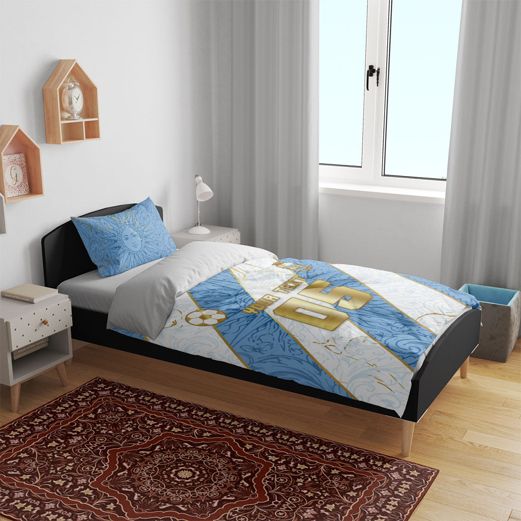Custom Argentina Football Bedding Set Sun Of May Baroque Filigree Gold Striped Patterns