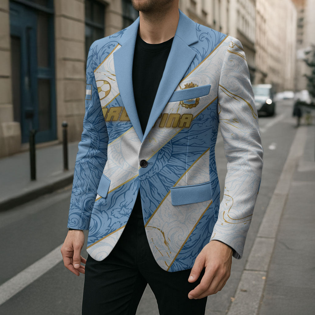 Custom Argentina Football Blazer Sun Of May Baroque Filigree Gold Striped Patterns