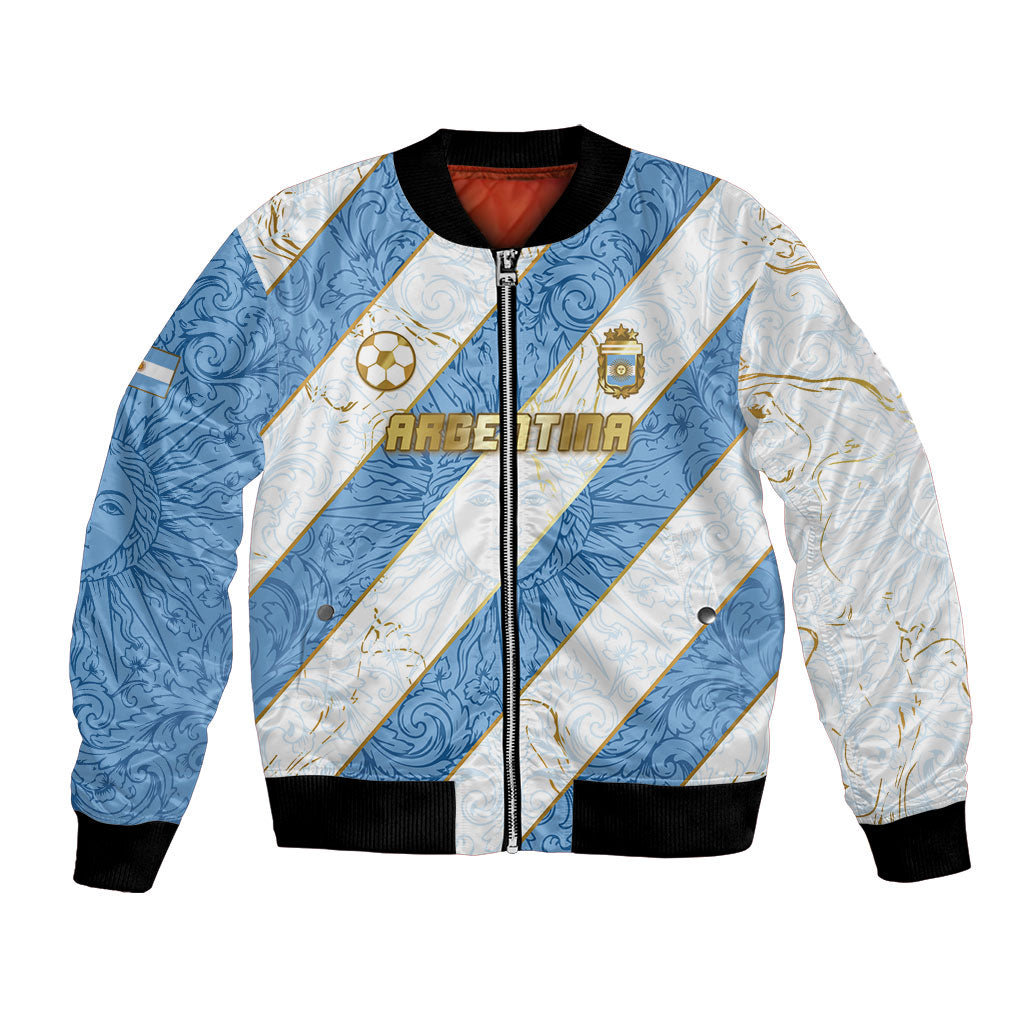 Custom Argentina Football Bomber Jacket Sun Of May Baroque Filigree Gold Striped Patterns
