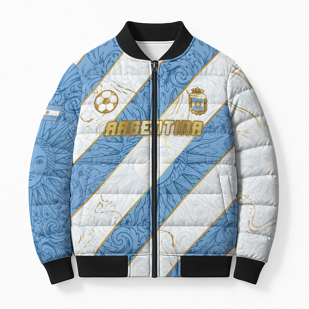 Custom Argentina Football Bomber Puffer Jacket Sun Of May Baroque Filigree Gold Striped Patterns