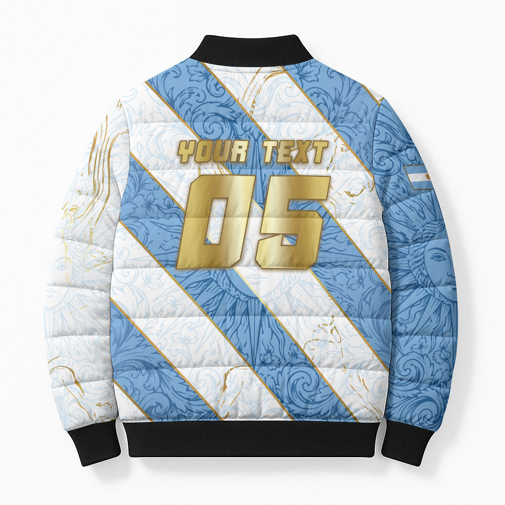 Custom Argentina Football Bomber Puffer Jacket Sun Of May Baroque Filigree Gold Striped Patterns