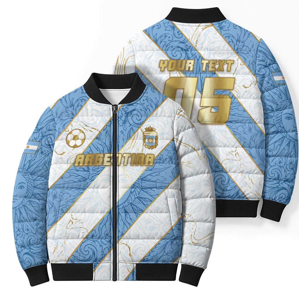Custom Argentina Football Bomber Puffer Jacket Sun Of May Baroque Filigree Gold Striped Patterns