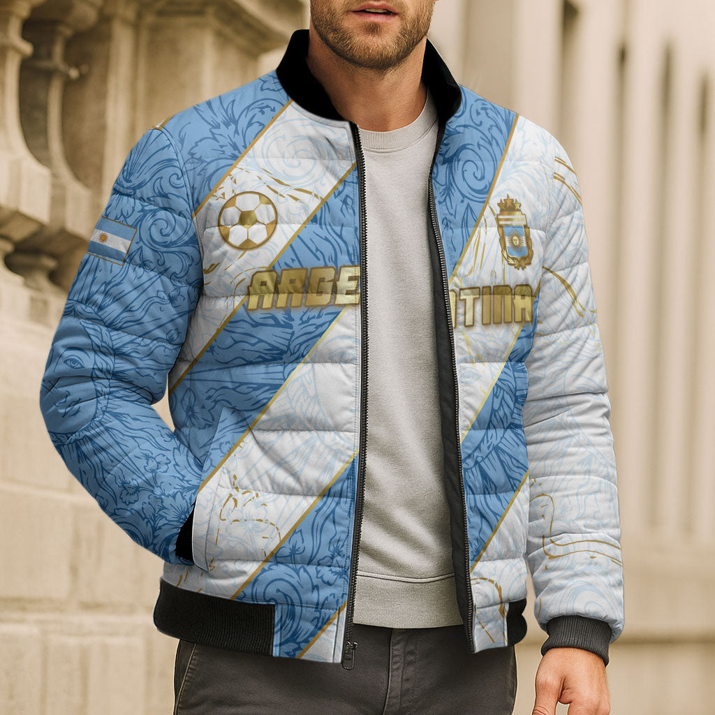 Custom Argentina Football Bomber Puffer Jacket Sun Of May Baroque Filigree Gold Striped Patterns