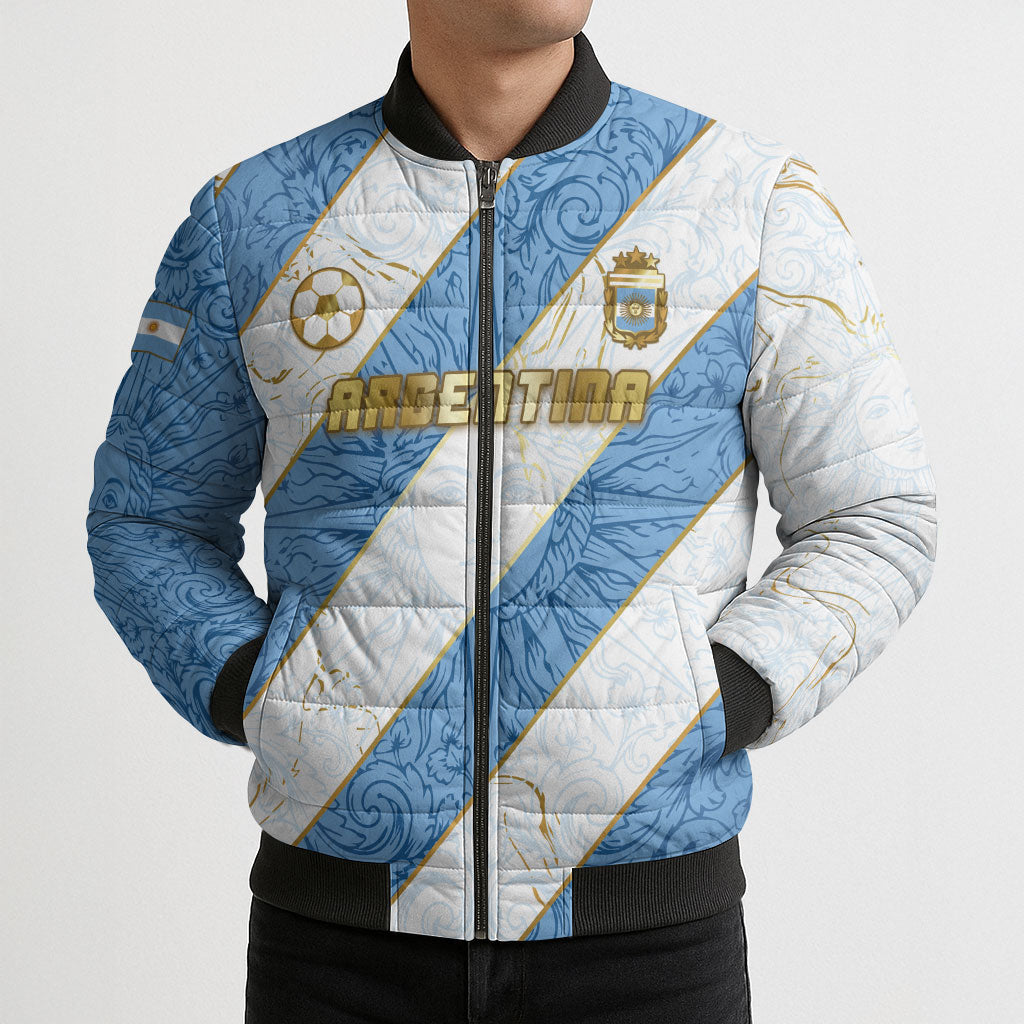 Custom Argentina Football Bomber Puffer Jacket Sun Of May Baroque Filigree Gold Striped Patterns